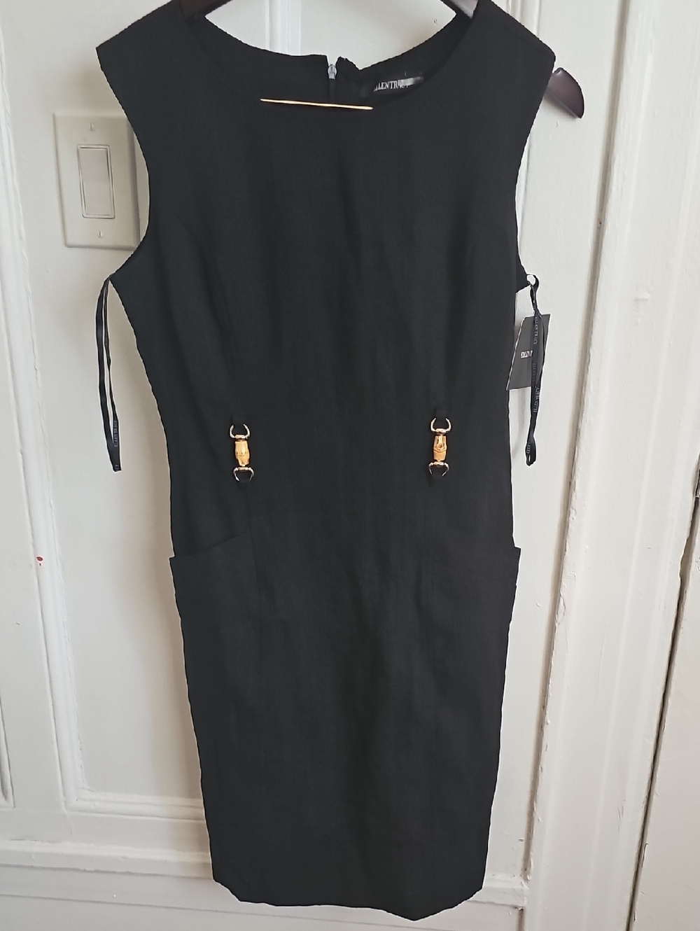 Ellen Tracy Black Sleeveless Midi Dress with Gold Accents